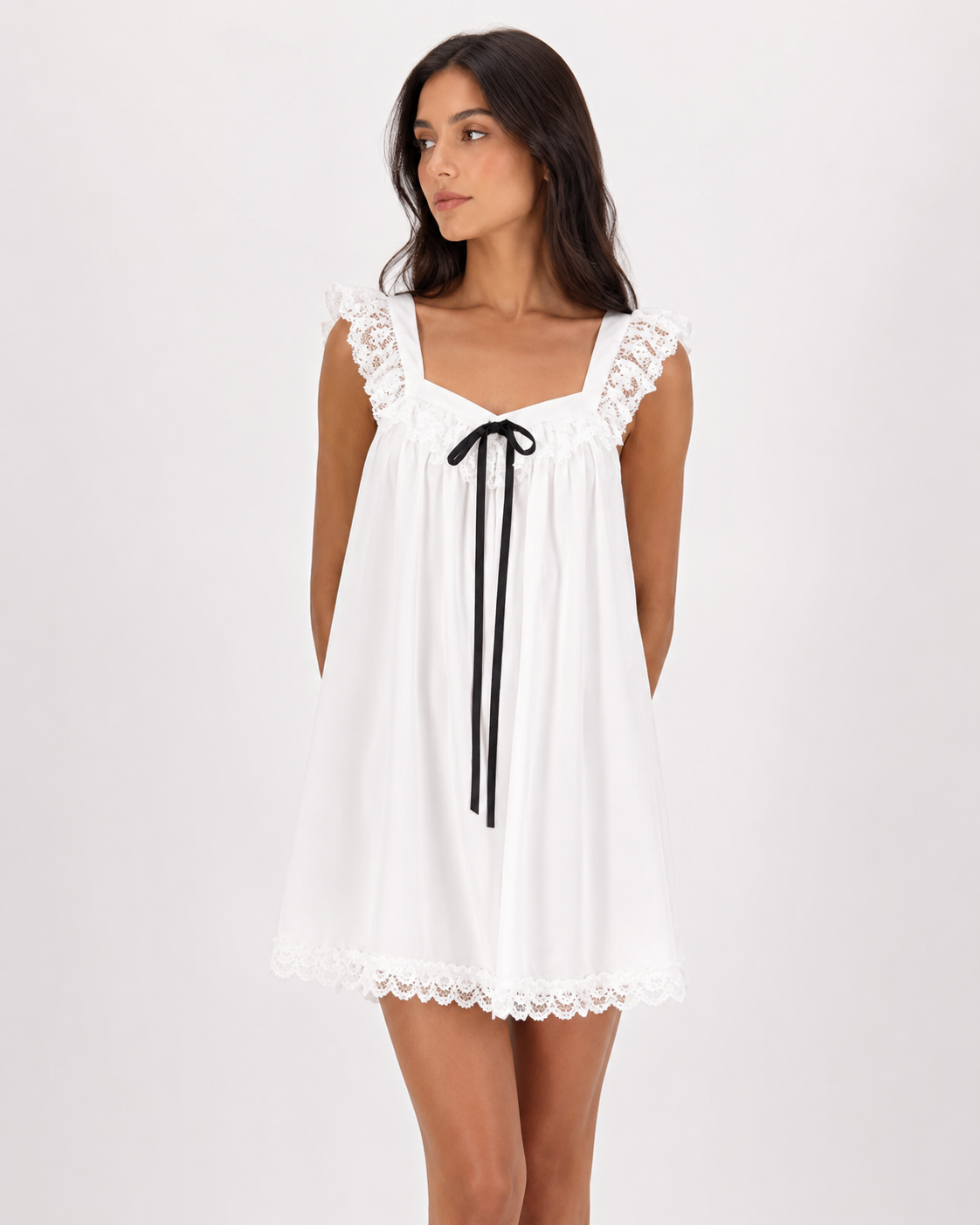 Colette | Lace-Trim Bow Babydoll Mini Dress