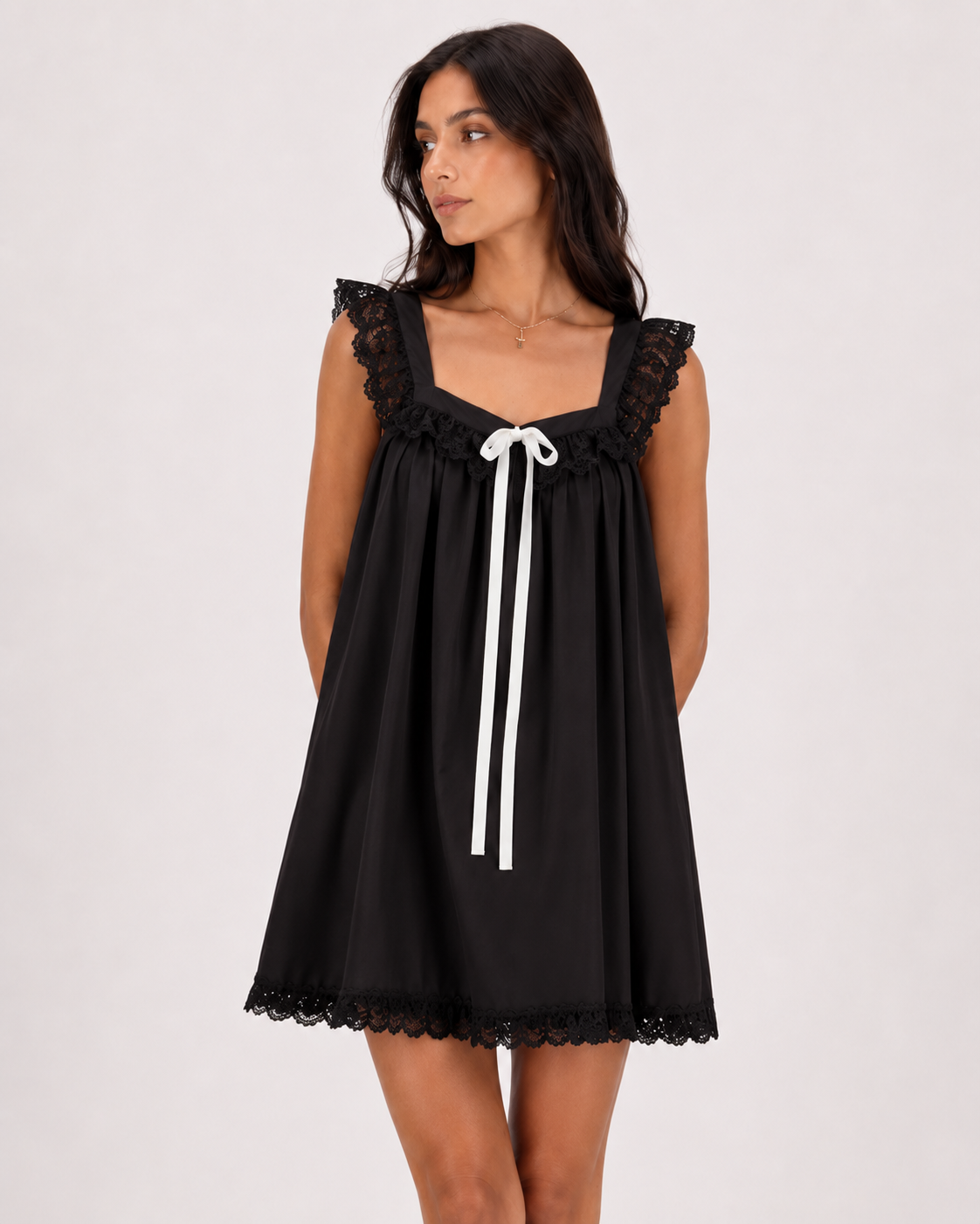 Colette | Lace-Trim Bow Babydoll Mini Dress